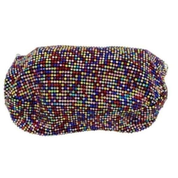 Aqua Crystal Mesh Beaded Mini Shoulder Bag Clutch Purse in Rainbow New